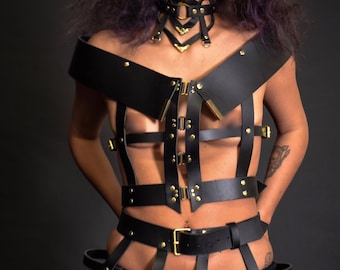 Hubris Off the Shoulder Leather Harness, Black Leather Bodice, Open Cup Basque, Sexy Body Harness, Gothic Costume, Bondage BDSM Fetish