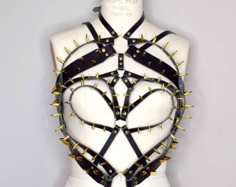 The All Devouring Spiked Leather Torso Harness, Graceful Chest Harness with Gold Spikes and buckles
