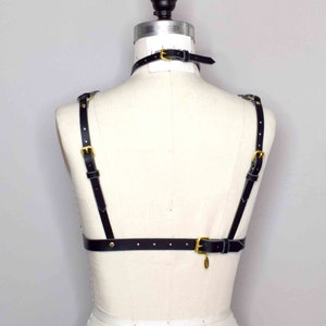 Olivia Strappy Leather Harness Bra with Delicate Thin Art Deco Inspiration, Open Cup Design and Attached Collar image 6