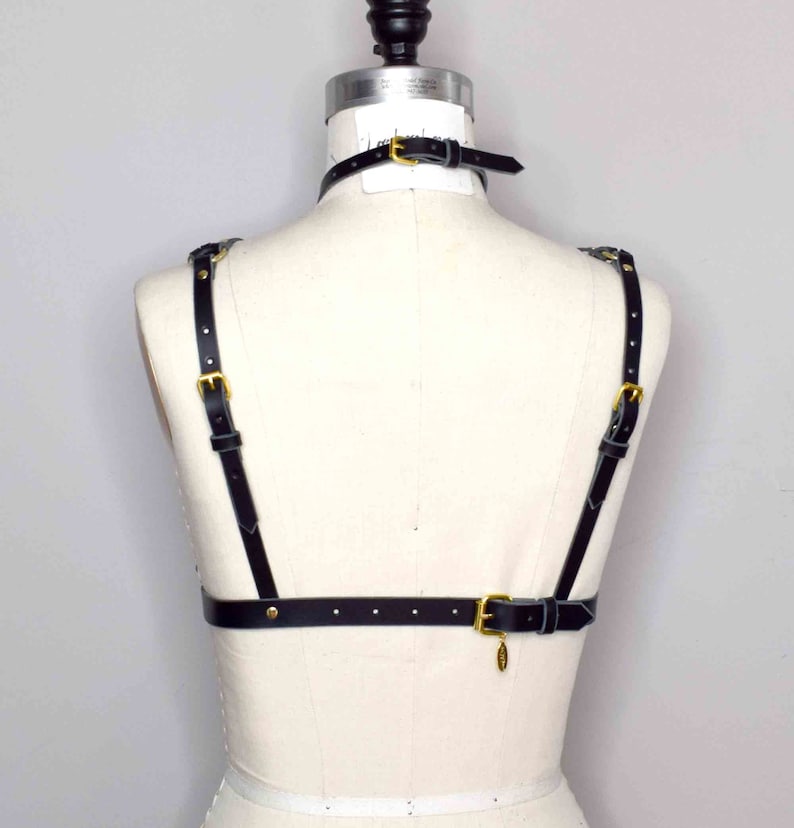 Olivia Strappy Leather Harness Bra with Delicate Thin Art Deco Inspiration, Open Cup Design and Attached Collar image 6