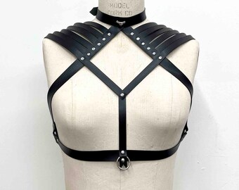 Aisling Vegan Cactus Leather Shoulder Harness Bra made from Soft Vegan Cactus Leather with High Neck Collar Detail, Strappy Shoulders