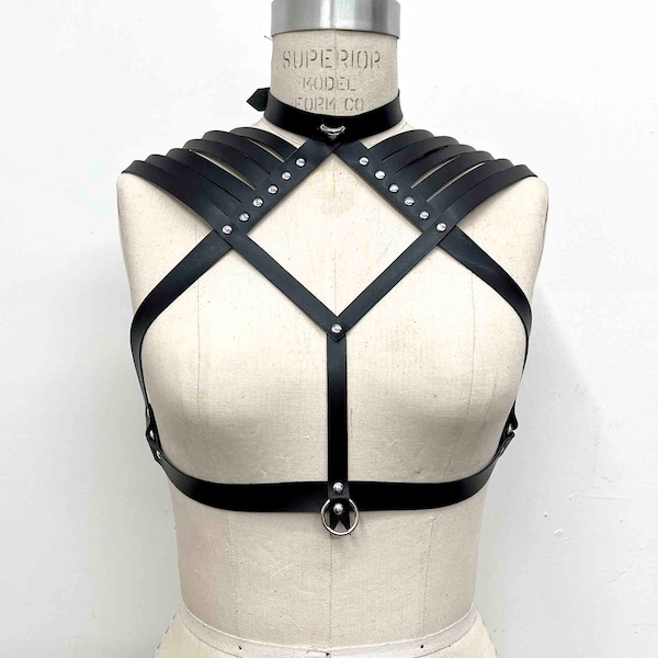 Aisling Vegan Cactus Leather Shoulder Harness Bra made from Soft Vegan Cactus Leather with High Neck Collar Detail, Strappy Shoulders