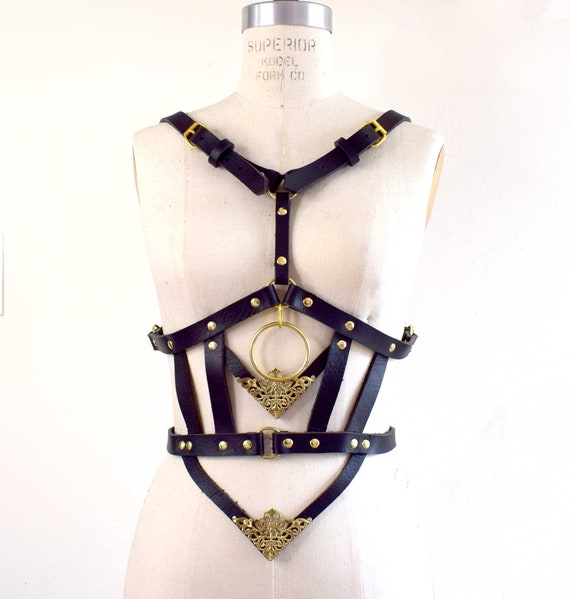 God Killer Black Leather Body Harness, Black Body Cage, Strappy Harness,  Nouveau Goth, Open Cup Bra, Cut Out Leather Top, Burning Man, Domme -   Denmark