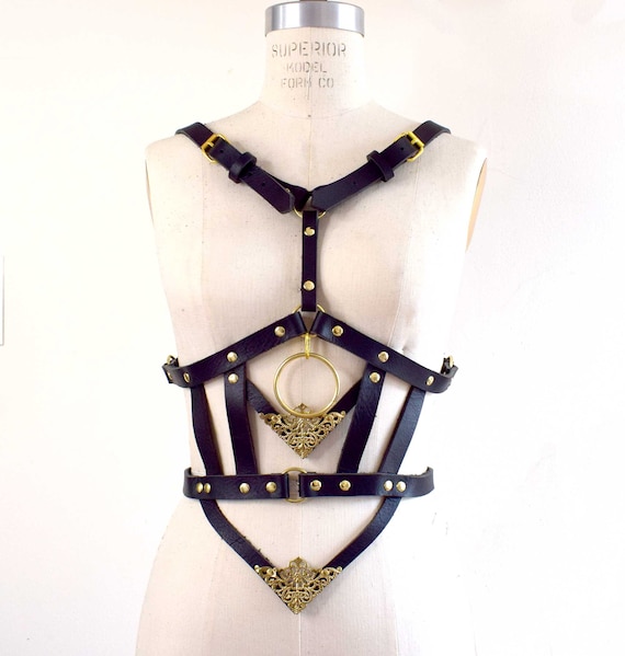 God Killer Black Leather Body Harness, Black Body Cage, Strappy Harness, Nouveau Goth, Open Cup Bra, Cut Out Leather Top, Burning Man, Domme