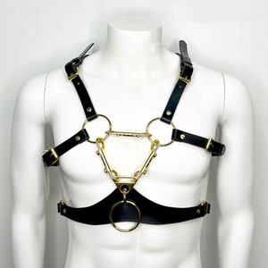 Puede incluir: Arnés de cuero negro con herrajes de metal dorado. El arnés tiene dos correas que pasan por los hombros y se conectan en la parte delantera con un anillo dorado grande. Hay anillos dorados más pequeños y una barra de metal que conecta las correas en el centro.
