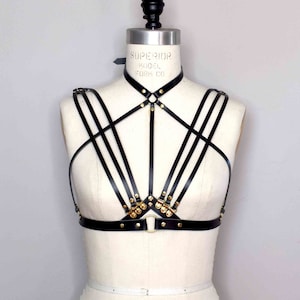 Olivia Strappy Leather Harness Bra with Delicate Thin Art Deco Inspiration, Open Cup Design and Attached Collar image 1