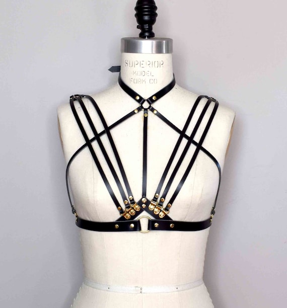 Olivia Strappy Leather Harness Bra With Delicate Thin Art Deco