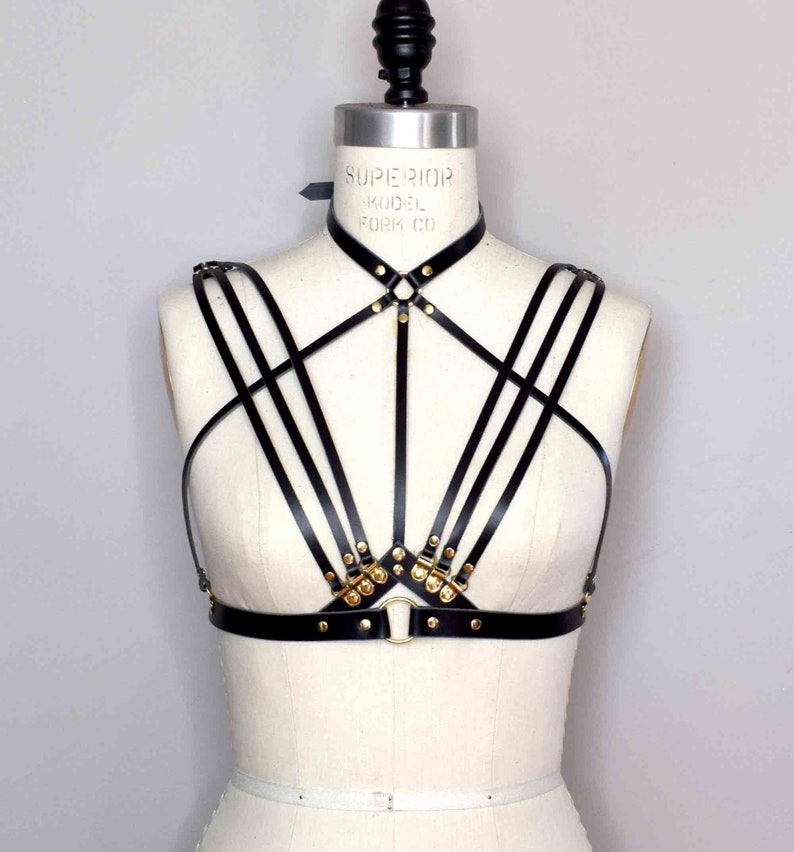 Olivia Strappy Leather Harness Bra with Delicate Thin Art Deco Inspiration, Open Cup Design and Attached Collar image 1