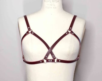 Mono Crossed Leather Harness Bra, Cupless Chest Harness Design Made from Italian Leather with Adjustable Sizing