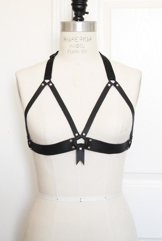 Classic Black Leather Harness Bra, Leather Frame Bra, Open Cup