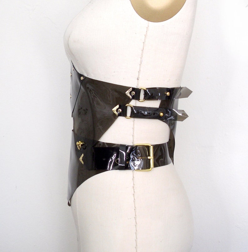 Faux Leather Corselette Vegan Leather Plastic Vinyl Corset Dominatrix Style Burning Man Gothic Waist Cincher Nox Charcoal PVC Waspie
