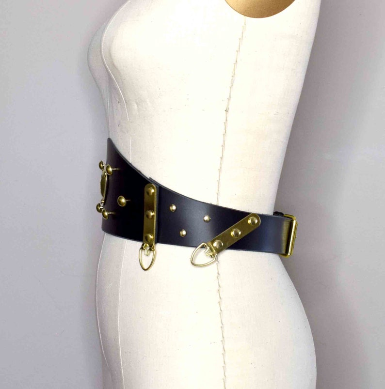 Mantis Wide Leather Waist Belt made from Smooth Black leather, Waist cincher and corset belt inspired with Gold Hardware image 3