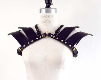 God Killer Leather Pauldron Shoulder Harness, Black Gold Epaulette, Genuine Leather, Steampunk Gothic Lolita, Cosplay Accessory, Burning Man