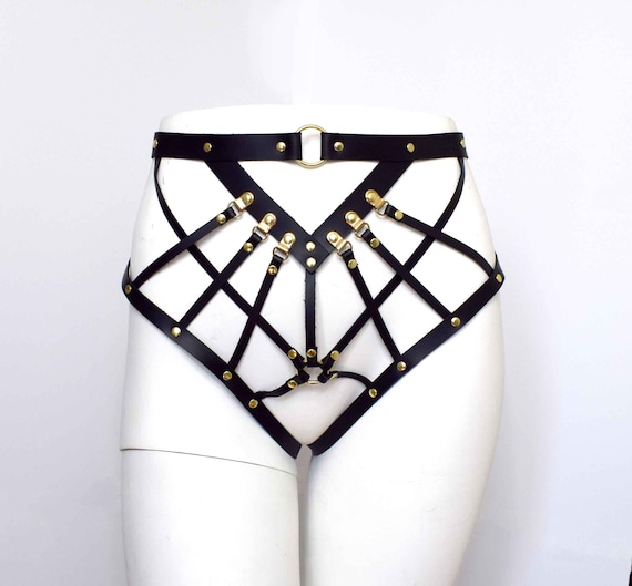 Olivia Strappy Leather Harness Brief, Sexy Underwear Leather Harness With  Adjustable Buckles and Gold Hardware, Crotchless BDSM Style 