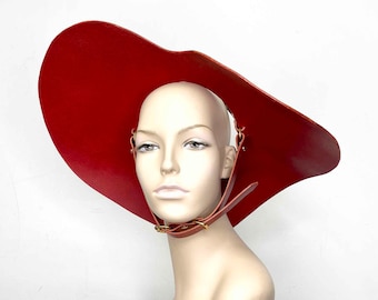 Heart Wide Brim Leather Hat, Black Sun Hat, Dramatic Gothic Visor, Leather Chapeau, Burlesque Headpiece, Spike Head Crown