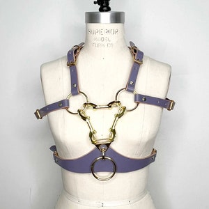 Puede incluir: Arnés de cuero morado con herrajes de metal dorado, incluyendo anillos y cierres. El arnés tiene una etiqueta que dice "SUPERIOR MODEL FORM CO".