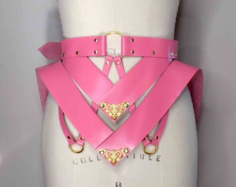 Song Pink Leather Peplum Belt with Wide Waistband, Dramatic Hip Flare, Strappy Harness Details and Adjustable Size, Perfect for Burning Man