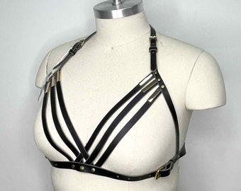 Diedre Strappy Leather Harness Bra, Cupless Bra, Fetish Lingerie, Gothic Burlesque, Harness Bralette, Body Cage, Black Leather READY TO SHIP