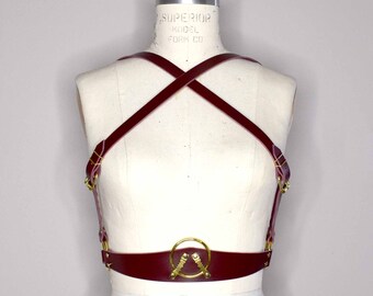 Vanya Convertible Simple Leather Harness Panty and Top, Black or Burgundy Leather Harness, Chest Harness, Body Harness with Gold Hardware