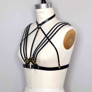 Olivia Strappy Leather Harness Bra with Delicate Thin Art Deco Inspiration, Open Cup Design and Attached Collar image 3