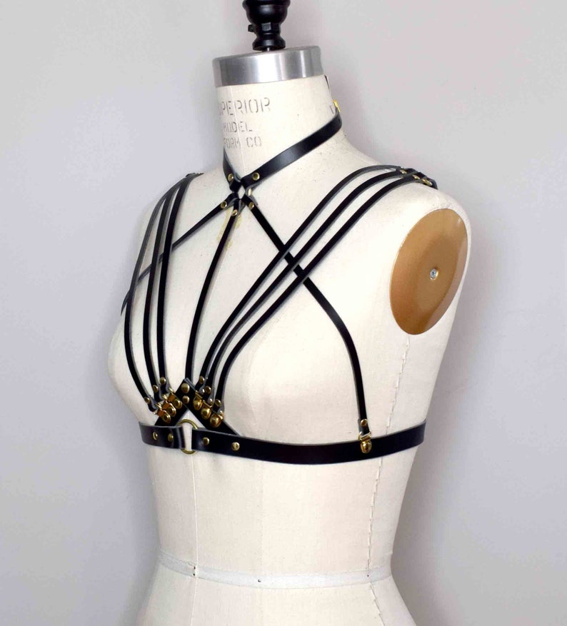 Olivia Strappy Leather Harness Bra with Delicate Thin Art Deco Inspiration, Open Cup Design and Attached Collar image 3