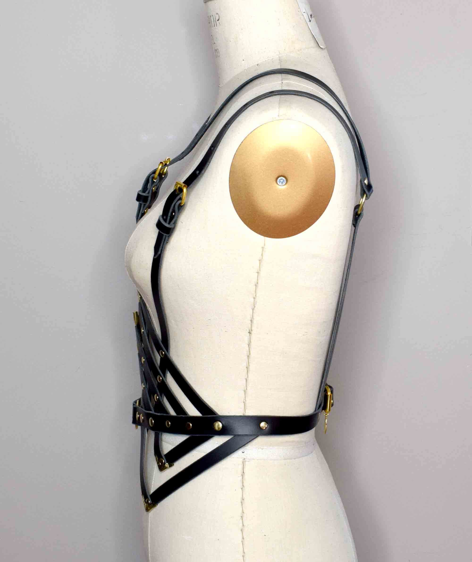 Diamanté Black Leather Waist Harness, Black Body Cage 