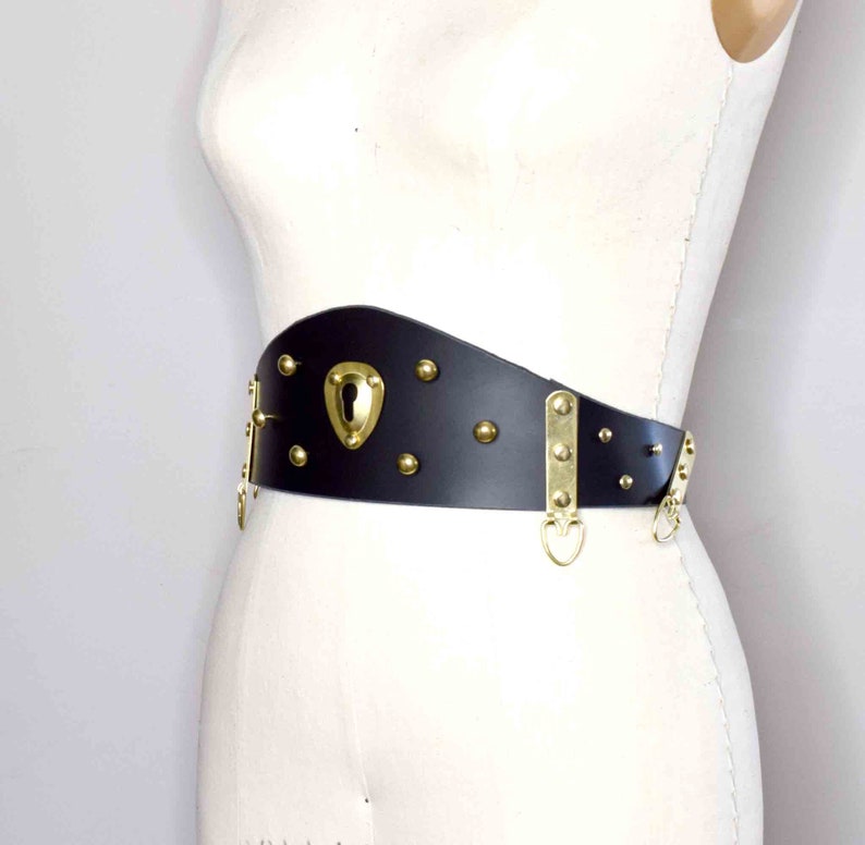 Mantis Wide Leather Waist Belt made from Smooth Black leather, Waist cincher and corset belt inspired with Gold Hardware image 2