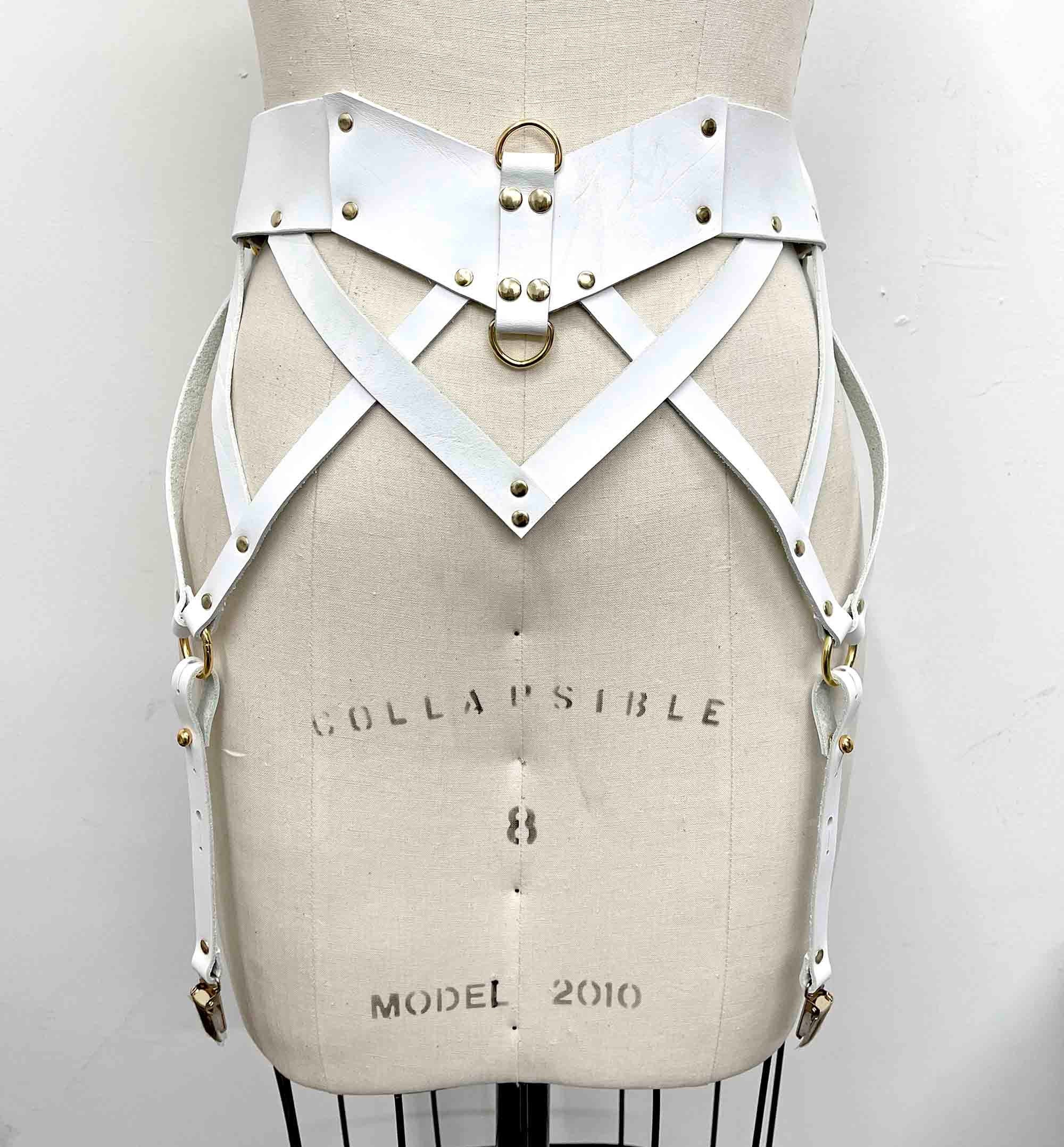 Ostara White Leather Garter Belt, Stocking Suspenders 