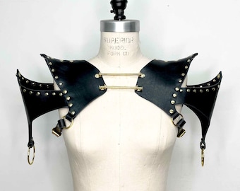 Archer Black Leather Shoulder Mantle, Black Gold Epaulette, Genuine Leather, Steampunk Gothic Fashion, Cosplay Accessory, Burning Man