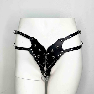 Sierra Leather Harness Thong Panty, Sexy Underwear Leather Harness with Adjustable Buckles and Silver Hardware