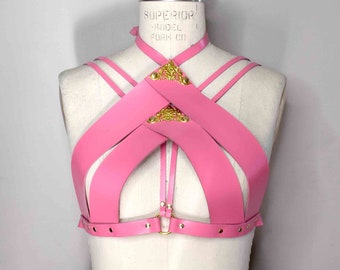 Song High Neck Leather Bra with Strappy Harness Details, Gold Hardware, Sexy Cut Out and Adjustable Straps, Pink Leather Harness