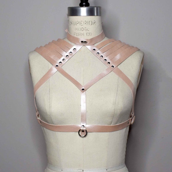 Aisling Leather Shoulder Harness Bra made from Soft Leather with High Neck Collar Detail, Strappy Shoulders and Gold Hardware, Pastel Pink