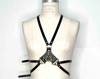 Rowan Leather Body Harness, Leather Body Belt, Gothic Alternative Leather Harness, Chest Harness, Body Harness with Gold Hardware