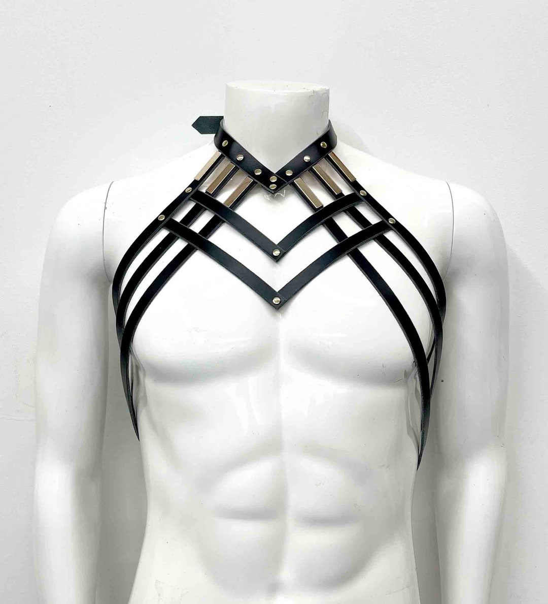 Diedre Draped Leather Neck Harness, Strappy Body Chest Belts, Men's Art