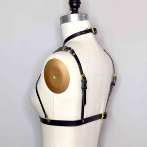 Olivia Strappy Leather Harness Bra with Delicate Thin Art Deco Inspiration, Open Cup Design and Attached Collar image 5