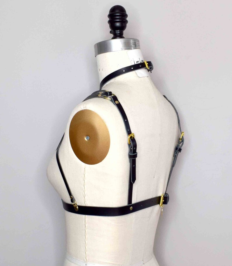 Olivia Strappy Leather Harness Bra with Delicate Thin Art Deco Inspiration, Open Cup Design and Attached Collar image 5