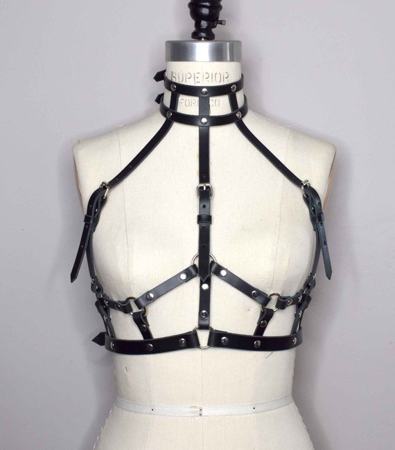 Suzy High Black Neck Leather Harness Bra With Attached  display picture 1