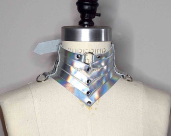 Victoria Leather Gorget Style Collar, Holographic Silver Leather, Strappy Necklace, Choker Necklace, Burning Man, Raver Festival Fashion