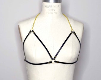 Miette Delicate Black Leather and Gold Chain Harness Bra, Black Body Harness, Leather Harness Lingerie, Gift for Her, Body Jewelry Fashion