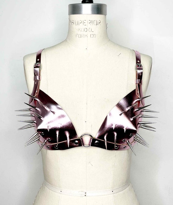 sexy lingerie clubwear Andromeda Spiked Leather Bra, Metallic Shiny Bra, Punk Silver Spike, Sexy  Lingerie, Big Spike Studs, Shiny Pink Purple Aqua, Mermaid Costume