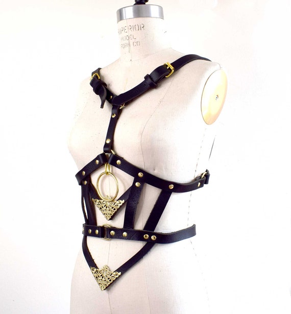 God Killer Black Leather Body Harness, Black Body Cage, Strappy