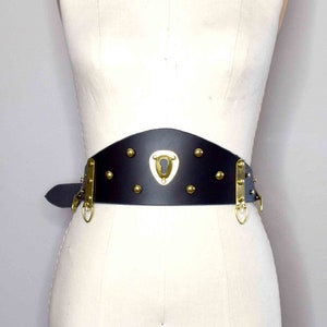 Mantis Wide Leather Waist Belt made from Smooth Black leather, Waist cincher and corset belt inspired with Gold Hardware image 1