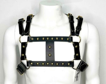 Dovan Masc Studded Black Leather Chest Harness, Bull Dog Harness, Steampunk Gothic, Leather Daddy, Burning Man Burners, READY TO SHIP