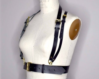 Utilitarian Under Bust Black Leather Chest Harness with Y-Back, Double Shoulder Straps and Bright Silver Hardware