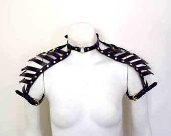 Diamanté Black Leather Strappy Shoulder Harness, Black Gold Epaulette, Genuine Leather, Art Deco Goth, Cosplay Accessory, Burning Man