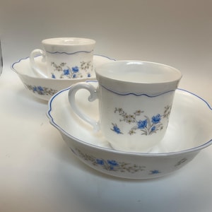 Vintage Set or 2 Arcopal France &quot;Veronica&quot; pattern Tea Cups and Bowls
