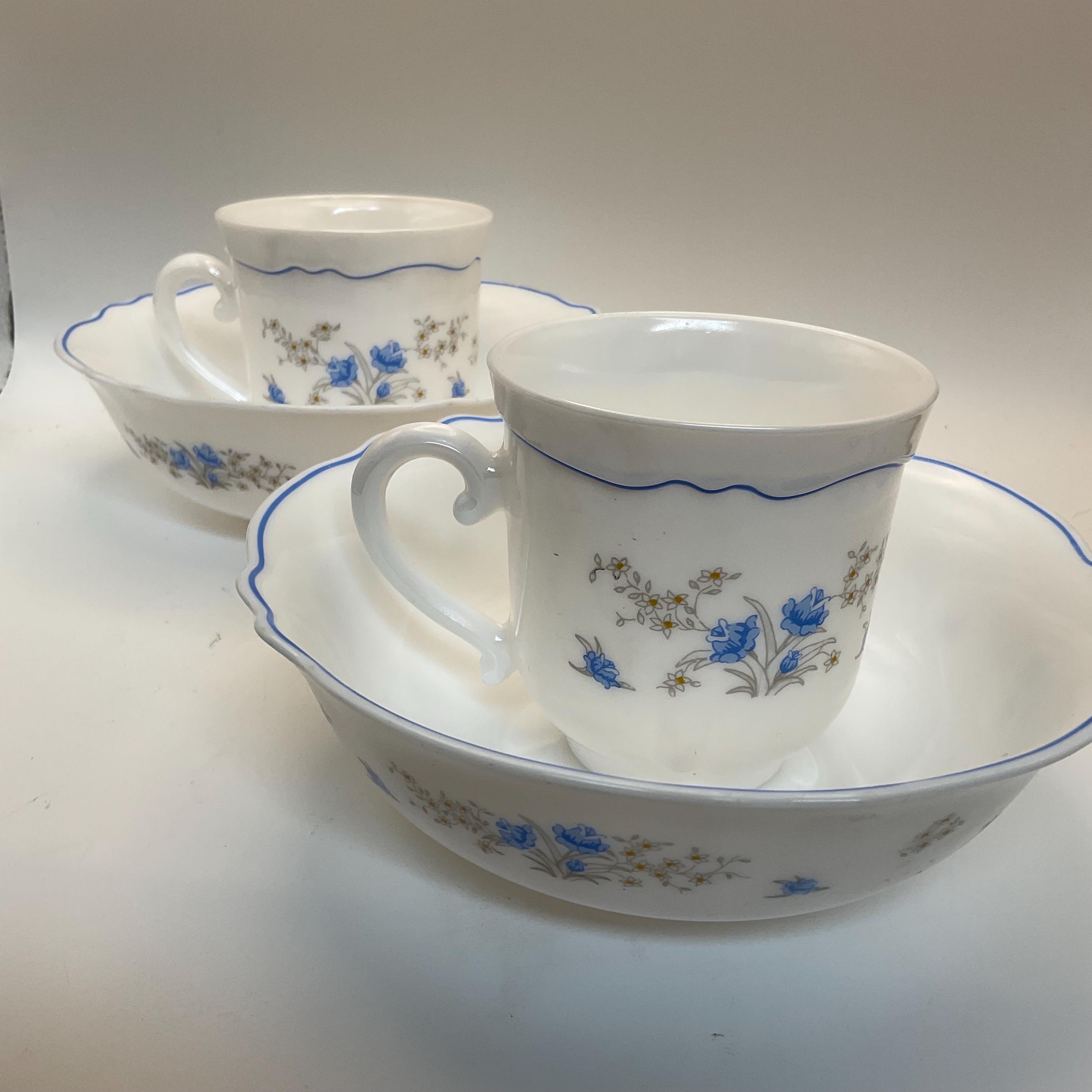 Lot De 3 Ramequins Vintage Arcopal, Motif Myosotis, Bleu, En Opaline