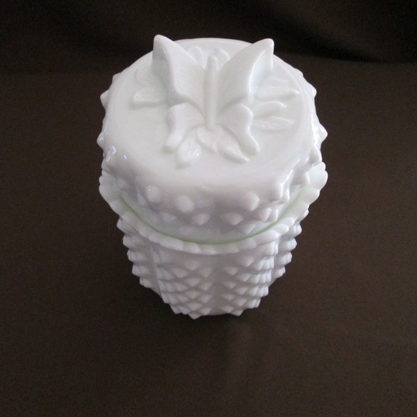 Reduced 20%. Fenton Hobnail Milk Glass Cylindrical Candy Jar With Butterfly Lid