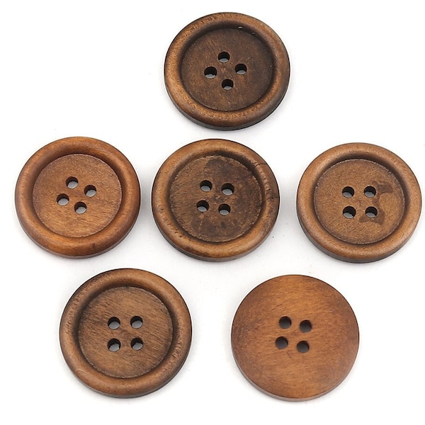 1" Rustic Wood Sewing Buttons Dark Brown  - 1 inch Wood Buttons - 25mm Wooden Button -  Wood Buttons - Craft  Supplies