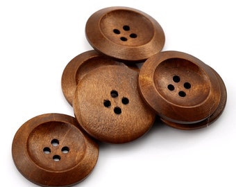 Large 1 1/8" Medium Brown Wooden Buttons 30mm Wooden Button, 4 holes - Wood Button Lot